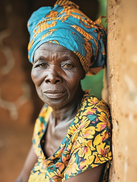 African woman in a turban traditional clothing and interior A girl with jewelry in colored clothes black beautiful skin and retaining her African ethnicity