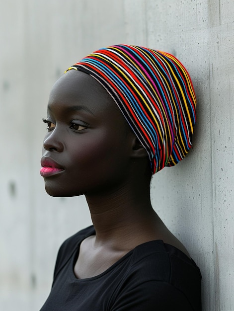 African woman in a turban traditional clothing and interior A girl with jewelry in colored clothes black beautiful skin and retaining her African ethnicity