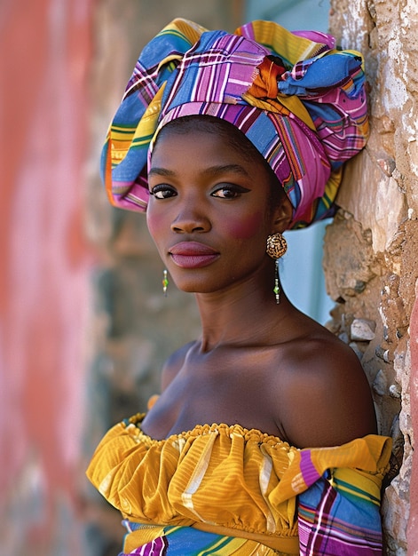 African woman in a turban traditional clothing and interior A girl with jewelry in colored clothes black beautiful skin and retaining her African ethnicity