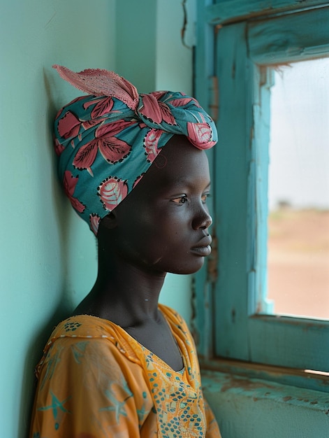 African woman in a turban traditional clothing and interior A girl with jewelry in colored clothes black beautiful skin and retaining her African ethnicity