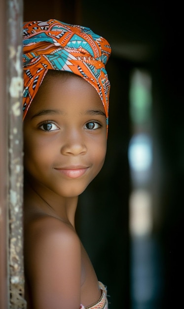 African woman in a turban traditional clothing and interior A girl with jewelry in colored clothes black beautiful skin and retaining her African ethnicity