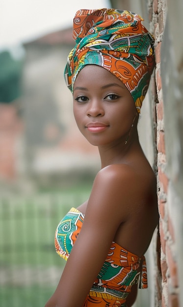 ターバンを着たアフリカの女性伝統的な服装とインテリア色の衣装を着た宝石を身に着けた少女黒い美しい肌でアフリカの民族性を保持しています