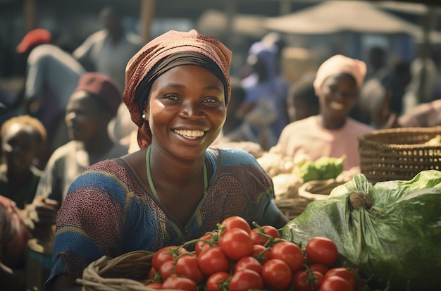 african woman at a vegetable market in the style of graflex speed graphic joyful whimsicality