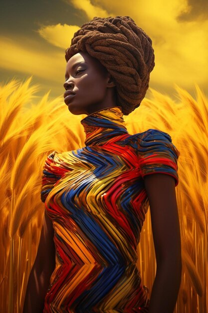 Foto donna africana che indossa un abito kente a stampa africana colorato con motivi africani vibranti in un campo di grano