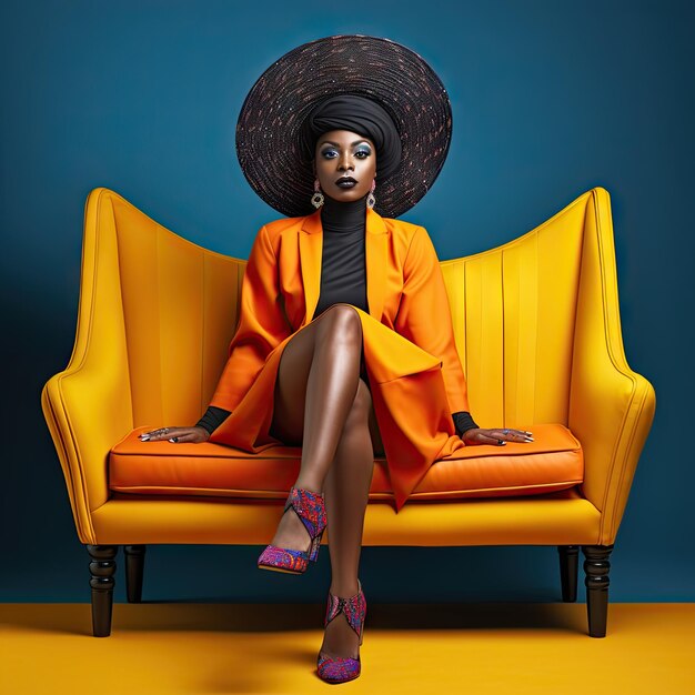 African woman wearing Halloween clothes sitting on the couch