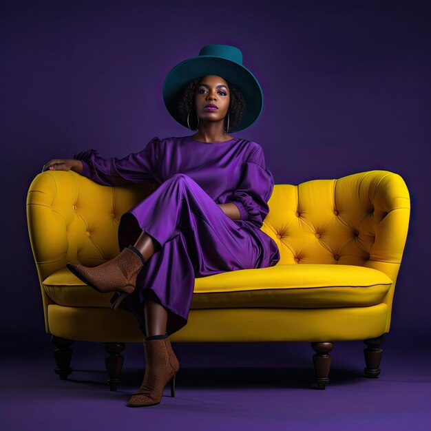 African woman wearing Halloween clothes sitting on the couch