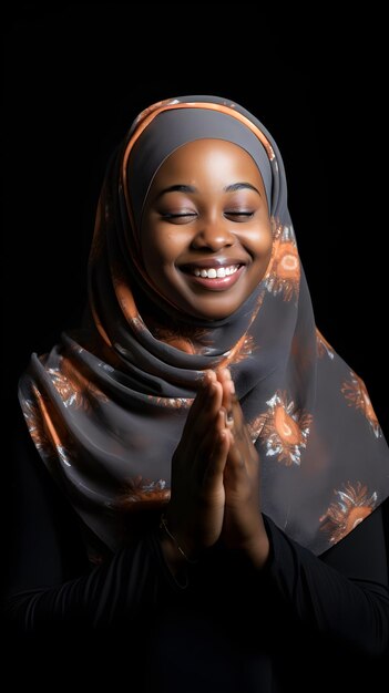 Photo african woman wearing scarf is praying and smiling on black background