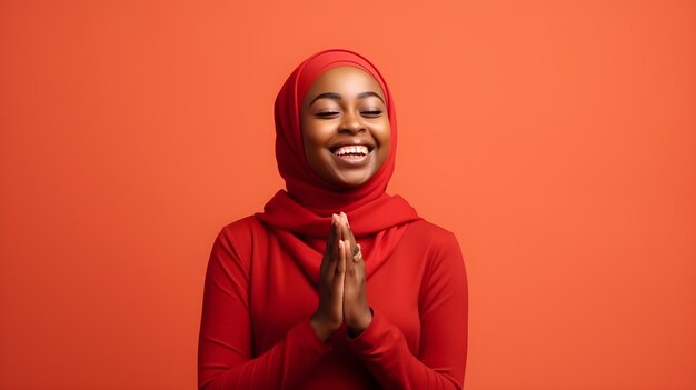 Photo african woman wearing scarf is praying and smiling on red background