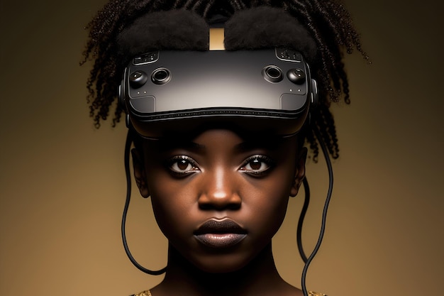 African woman wearing virtual reality goggles standing studio clean background