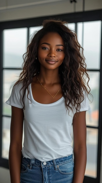 African woman in white tshirt and jeans on background of summer urban modern city