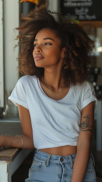 African woman in white tshirt and jeans sitting at table at modern cafe