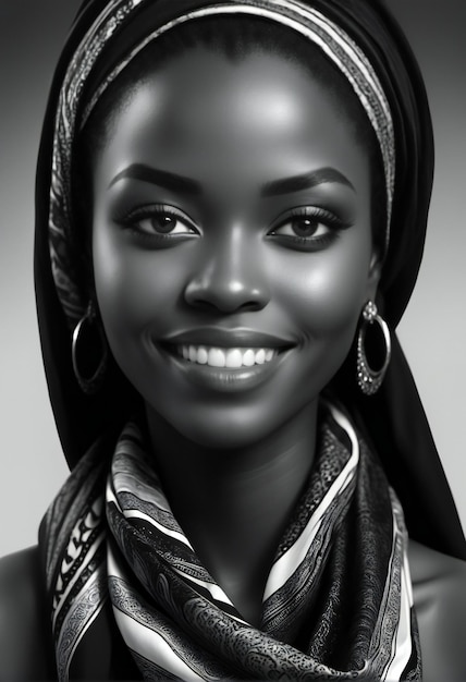 African woman with black headscarf and scarf