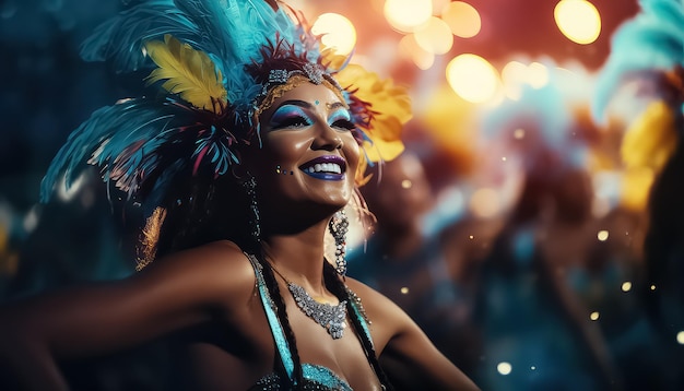 African woman with makeup and feathers on her head at night party concept carnival