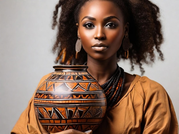 African woman with traditional ceramic vase on white background