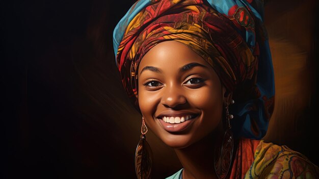 African woman with turban cheerful face to the left