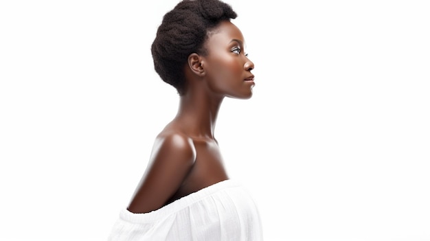 A african woman with a white off the shoulder top and a black hairdo