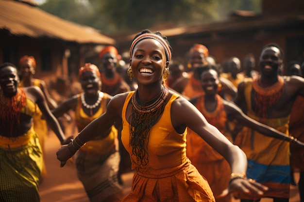 写真 アフリカの女性と男性が集まって伝統的なダンスを披露する 黒人歴史月