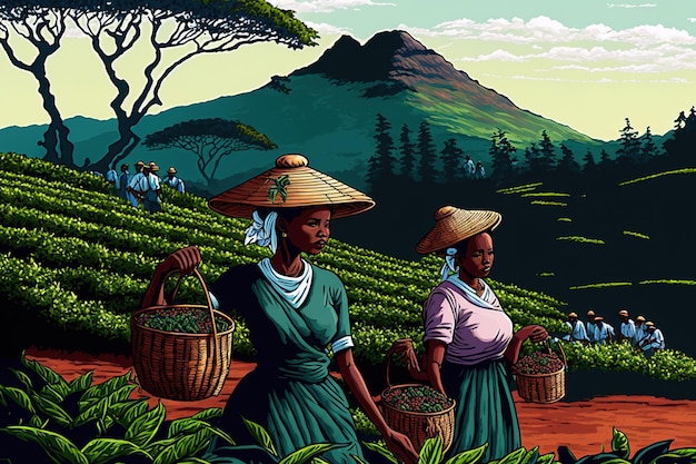 African women hand selecting or harvesting tea leaves on a plantation in the Nandi Hills highlands