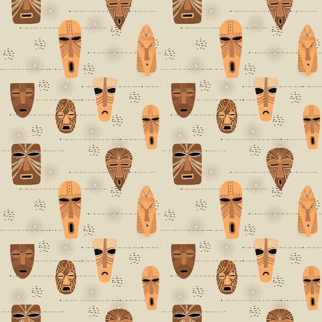 African wooden masks seamless pattern hand drawn ethnical wallpaper colorful background