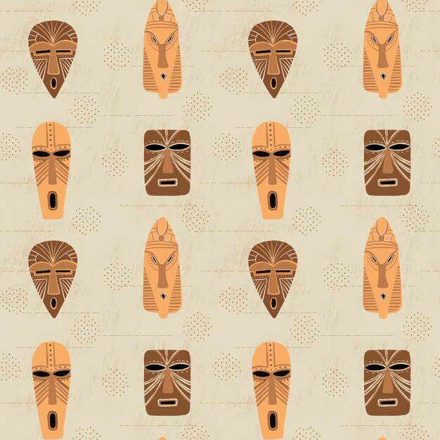 African wooden masks seamless pattern hand drawn ethnical wallpaper colorful background