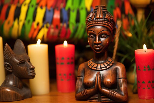 Фото Африканская деревянная статуэтка рядом со свечами кванзы