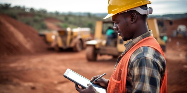 Photo african worker builder with tablet and hard hat generative ai