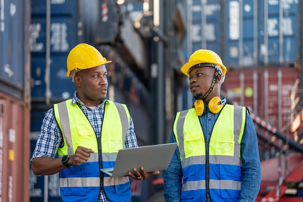 Lavoratori africani ingegnere tecnico in possesso di laptop per il controllo e l'ispezione dei contenitori in loco