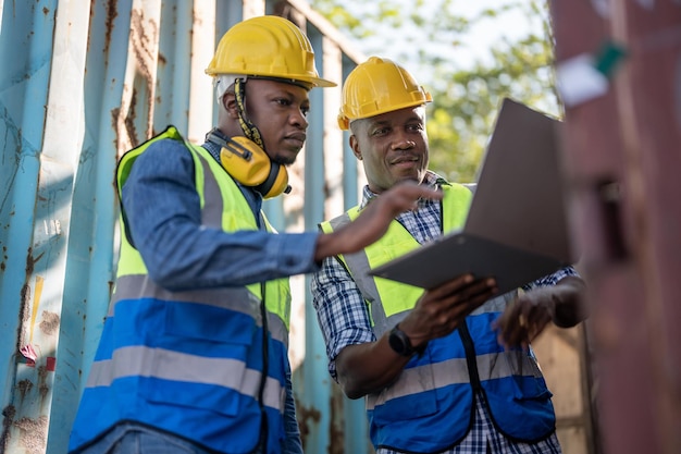 African workers Engineer Technician holding laptop for checking and inspecting on site containers