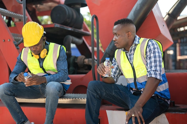 Lavoratori africani ingegnere tecnico seduto e bere acqua persone che riposano dopo aver lavorato