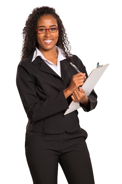 african young businesswoman take note on folder isolated