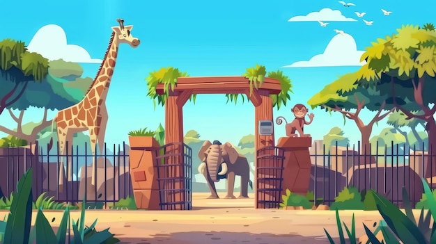 An African zoological park features elephants zebras lions giraffes monkeys and hippos in a modern cartoon landscape