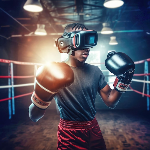 An AfricanAmerican boxer in 3D virtual reality glasses is engaged in boxing