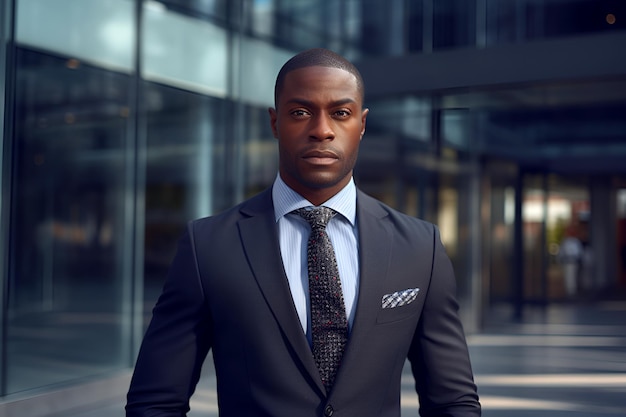 an AfricanAmerican businessman a male person in a suit outside a business building