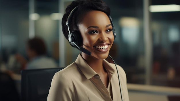 An AfricanAmerican call center agent with a headset works on the support hotline Created with Generative AI technology
