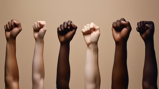 Africanamerican and caucasian hands with clenched fists