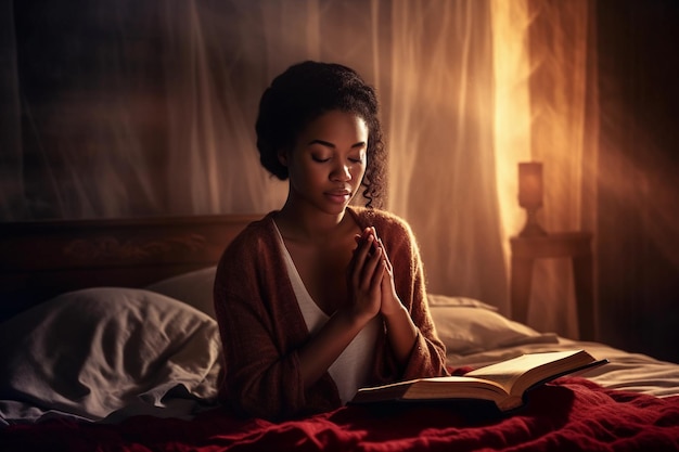 Africanamerican girl praying with a bible on her hands and candles