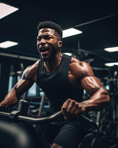 AfricanAmerican man exercising on gym machine showing intensity and determination