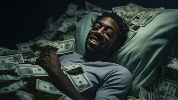 An AfricanAmerican man sleeps on a bed a pile of money smiling in his sleep Created with Generative AI technology