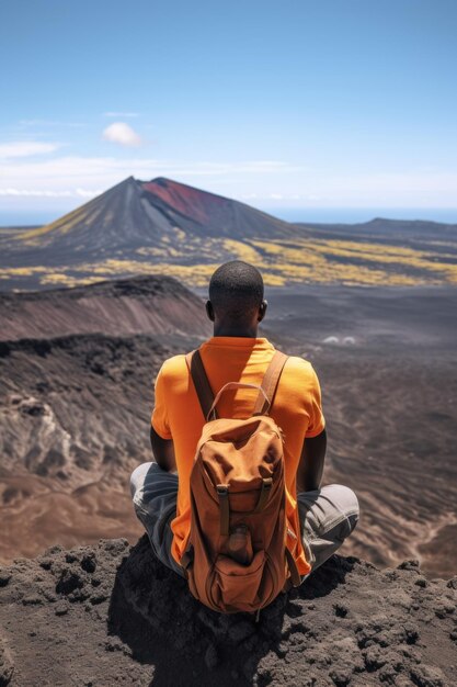 Africanamerican man travels and rests alone in the picturesque places of the volcano