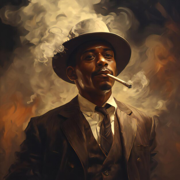 Foto uomo afroamericano che indossa un cappello e una giacca e fuma un sigaro