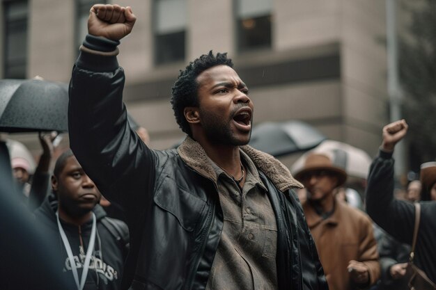 An africanamerican man with a raised fist protests during an antiracist protest