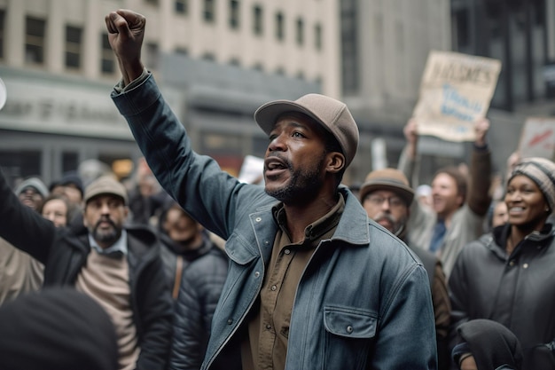 An africanamerican man with a raised fist protests during an antiracist protest