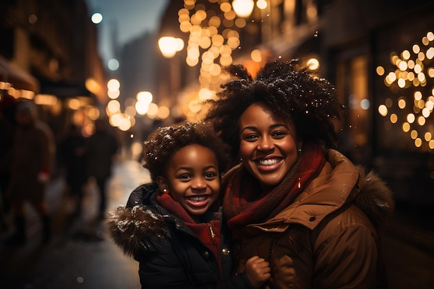 AfricanAmerican mother hugging her daughter in the street under the snow at with Christmas lights