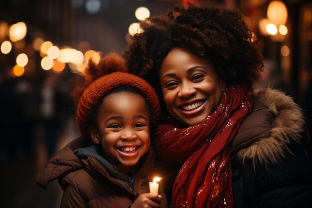 AfricanAmerican mother hugging her son in the street under the snow at Christmas time