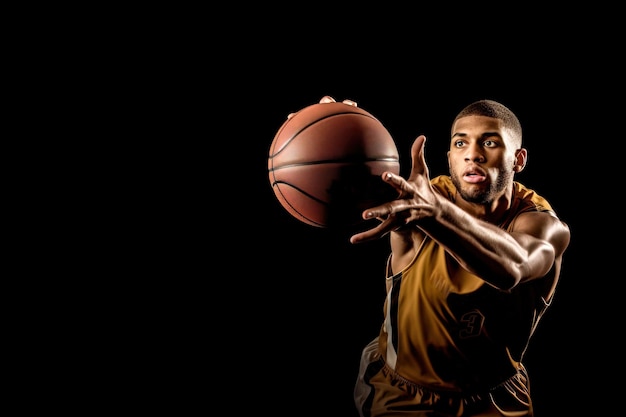 AfricanAmerican NBA basketball player shooting a basketball He is wearing an orange uniform Studio shot on a black background