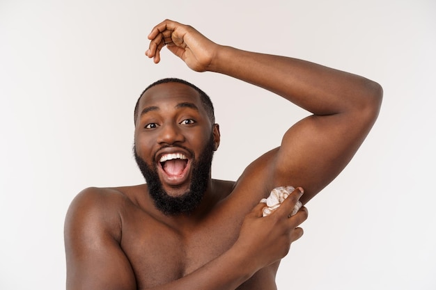 An africanamerican prepare for taking a shower isolated on white background