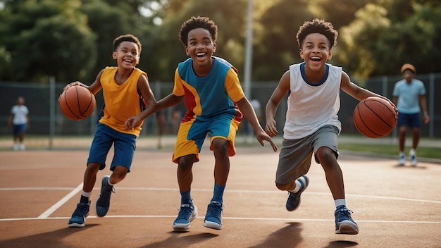 Africanamerican smiling and jumping boys playing basketball
