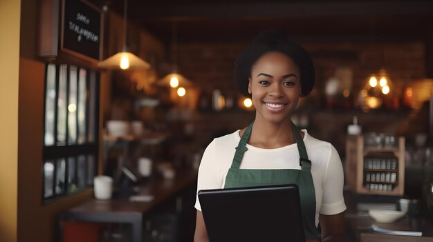 An africanamerican waitress smiling widely and greeting the cafe visitors