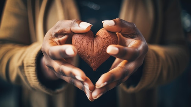 アフリカ系アメリカ人女性の手が心臓を握る 生成 AI テクノロジーで作成