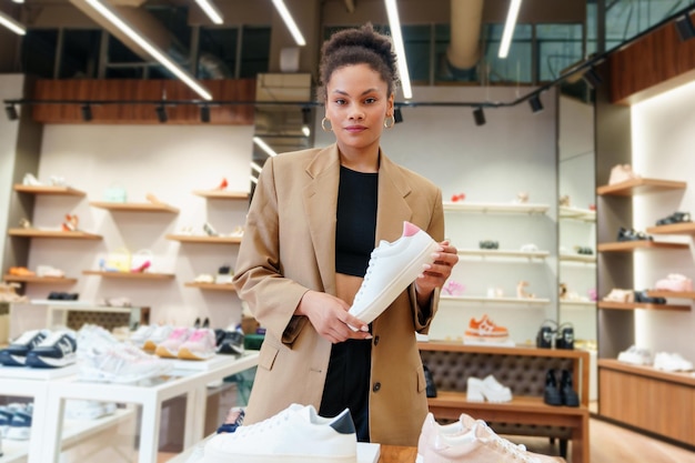 AfricanAmerican young woman while choosing shoes in a store